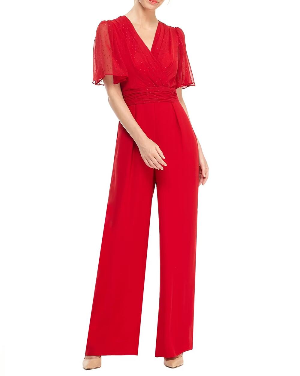 NWT Gal Meets Glam Brielle Clip Dot Chiffon Cocktail Jumpsuit Ruby Size 4